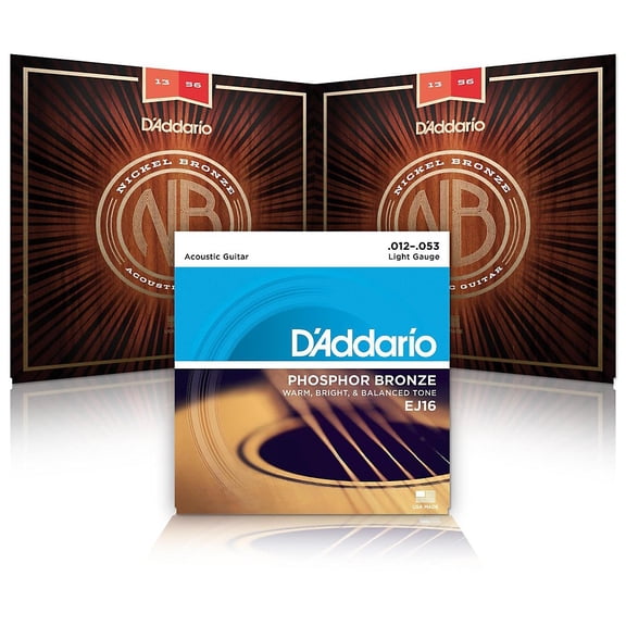 D'Addario NB1253 Nickel Bronze Medium Acoustic Strings 2-Pack With EJ16 Phosphor Bronze Light Single Pack