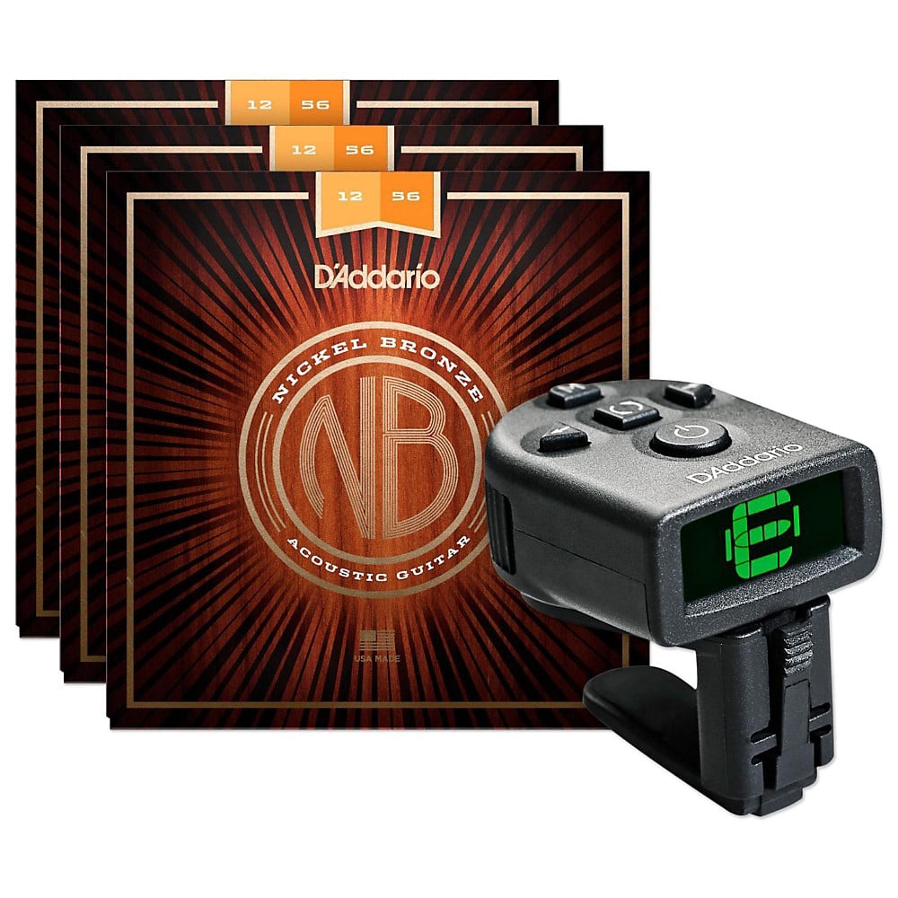 D'Addario NB1256 Nickel Bronze Light Top Med Bottom Acoustic Strings 3-Pack with FREE NS Micro Headstock Tuner