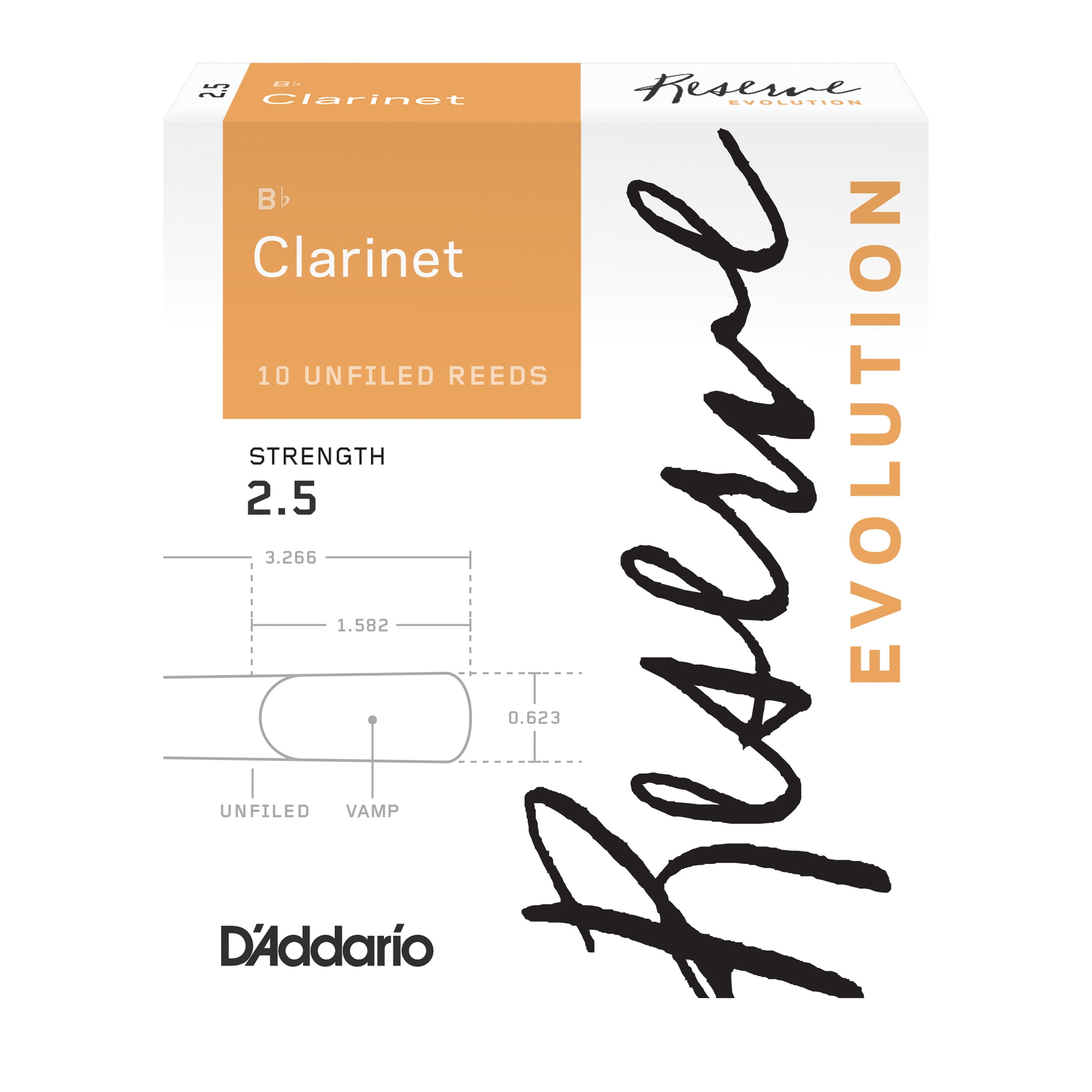 D'Addario Reserve Evolution Bb Clarinet Reeds Size 2.5, 10 Box