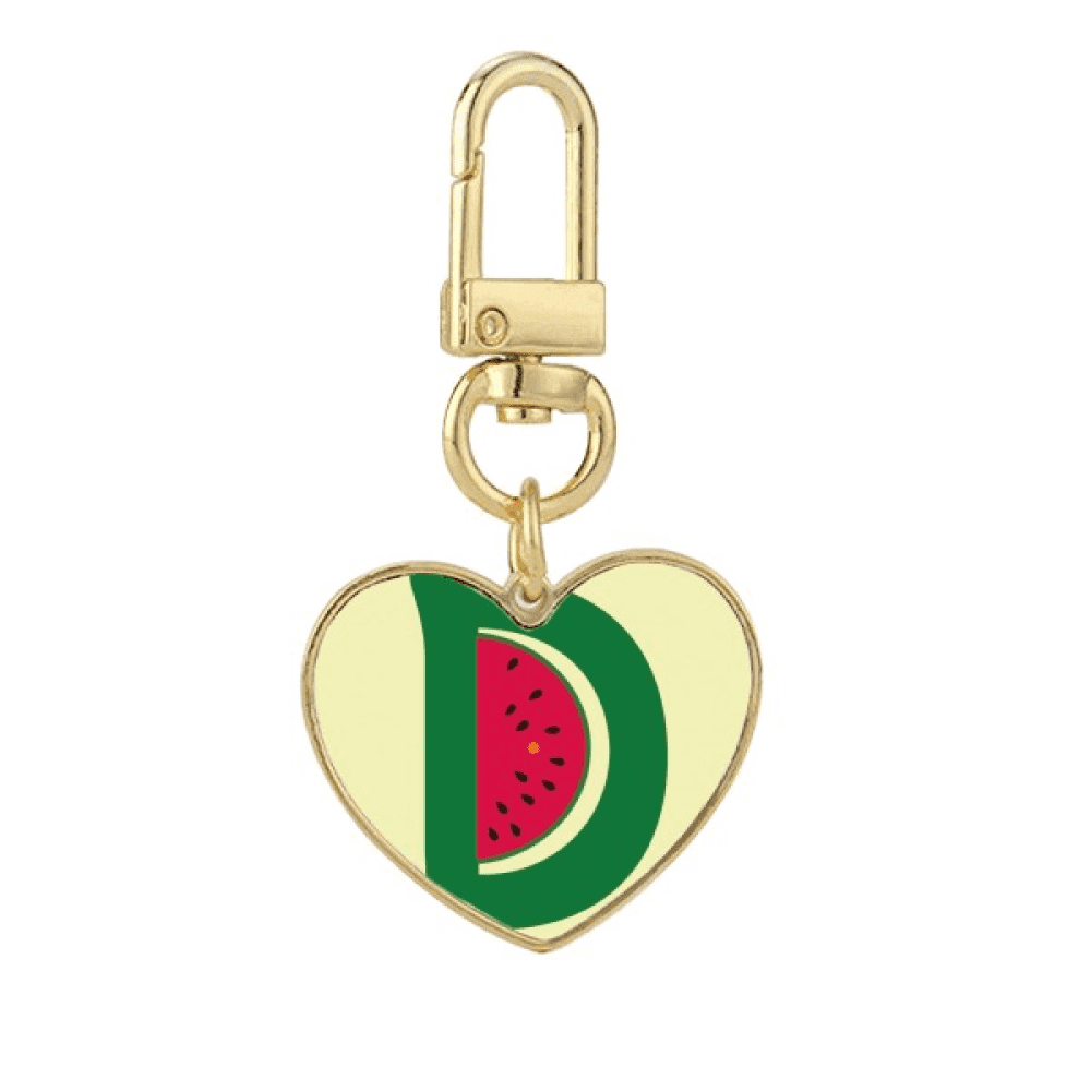 D Alphabet Watermelon Fruit Cute Pattern Gold Heart Keychain Metal Keyring Holder
