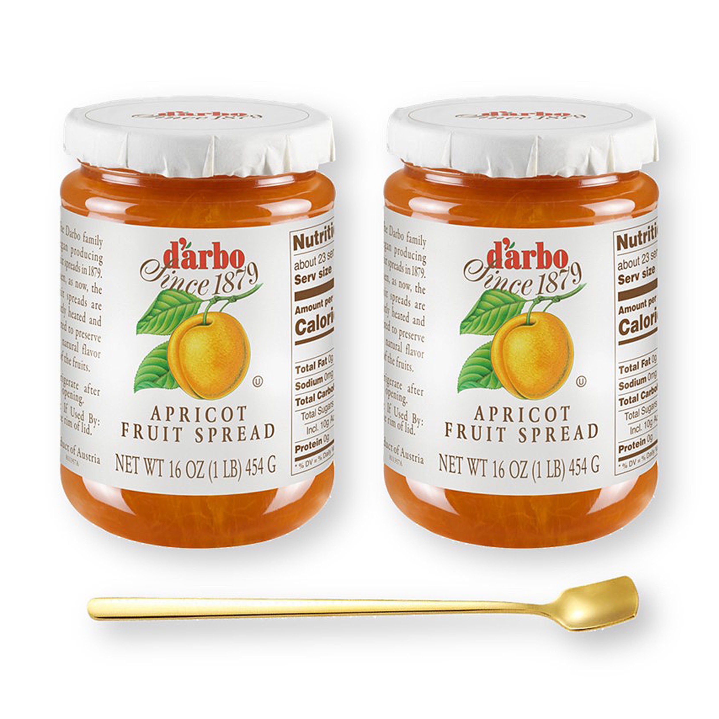 D'Arbo APRICOT Fruit Spread Preserve 16 Oz. (454 G) X 2 with Bonus Gold Stainless Steel Stirring/Spreader Spoon (3-Pc Set)