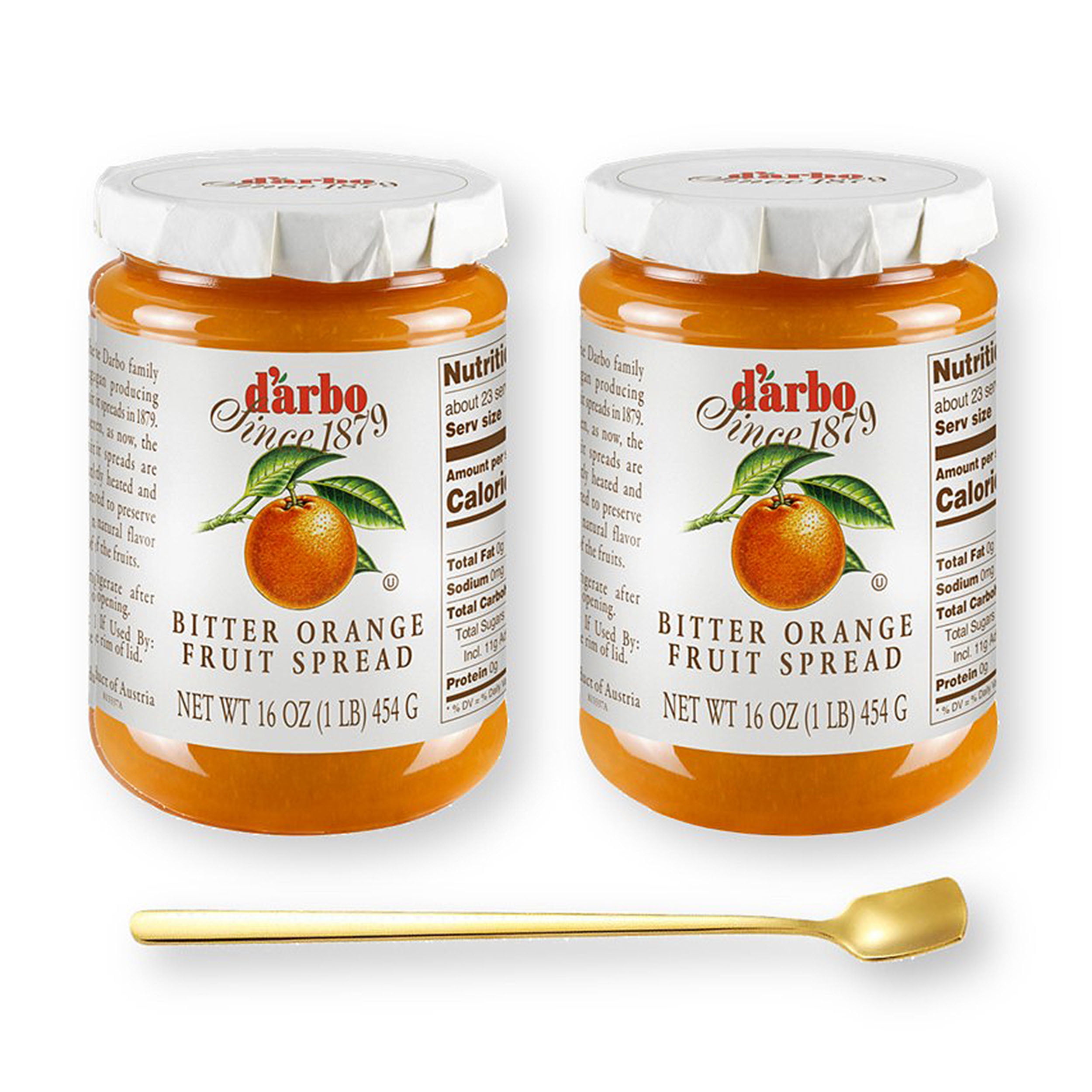 D'Arbo BITTER ORANGE Fruit Spread Preserve 16 Oz. (454 G) X 2 with Bonus Gold Stainless Steel Stirring/Spreader Spoon (3-Pc Set)