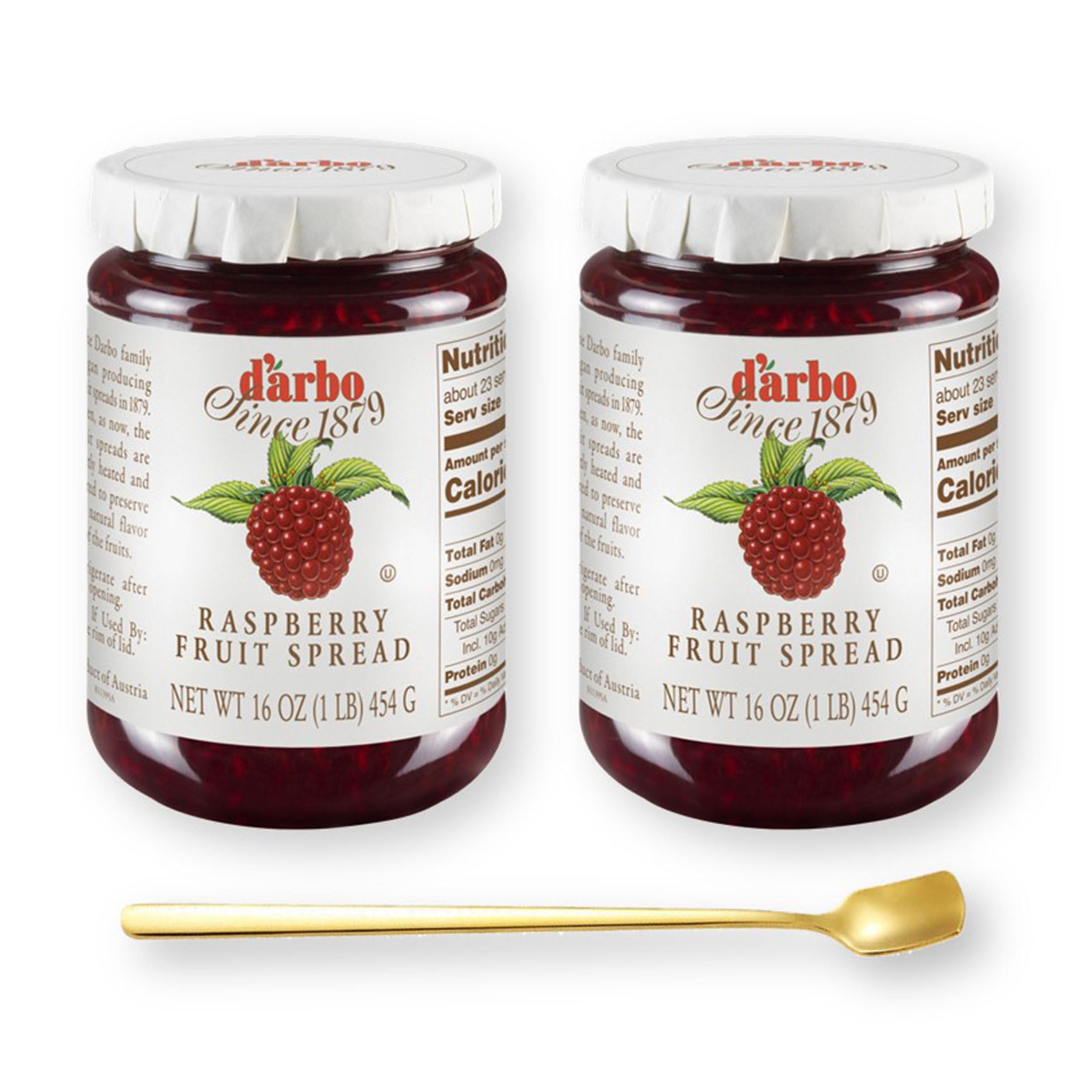 D'Arbo RASPBERRY Fruit Spread Preserve 16 Oz. (454 G) X 2 with Bonus Gold Stainless Steel Stirring/Spreader Spoon (3-Pc Set)