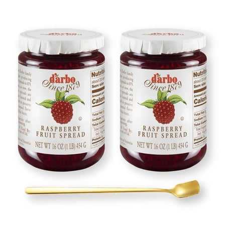 D'Arbo RASPBERRY Fruit Spread Preserve 16 Oz. (454 G) X 2 with Bonus Gold Stainless Steel Stirring/Spreader Spoon (3-Pc Set)