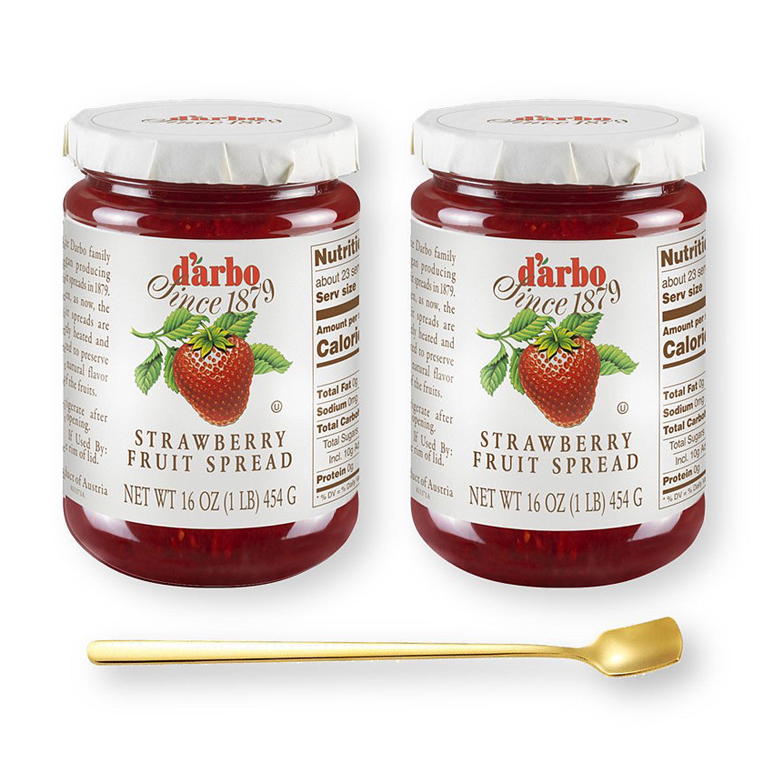 D'Arbo STRAWBERRY Fruit Spread Preserve 16 Oz. (454 G) X 2 with Bonus Gold Stainless Steel Stirring/Spreader Spoon (3-Pc Set)