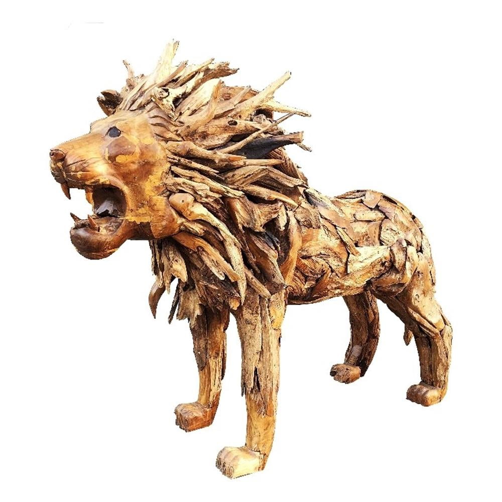 Majestic Driftwood Teak Lion Garden Statue