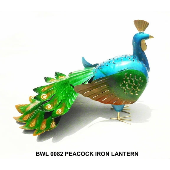 D-Art Collection Tin Metal and Iron Peacock Lantern in Multi-Color