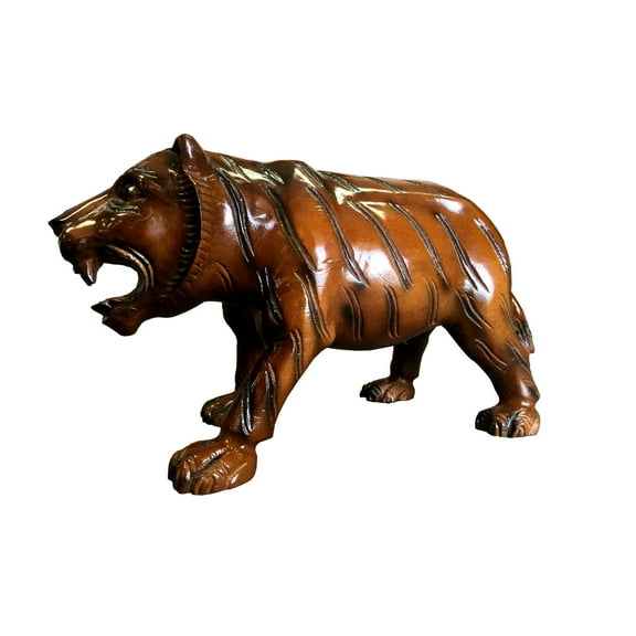 D-Art Collection Traditional Teak/Mahogany Solid Wood Tiger Statue in Dark Brown