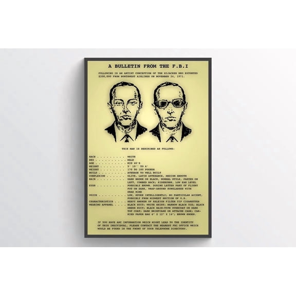 D.B. Cooper Fbi Wanted Poster 1971 Plane Hijacking Unique True Crime Memorabilia Print Poster Decor For Living Room Bedroom
