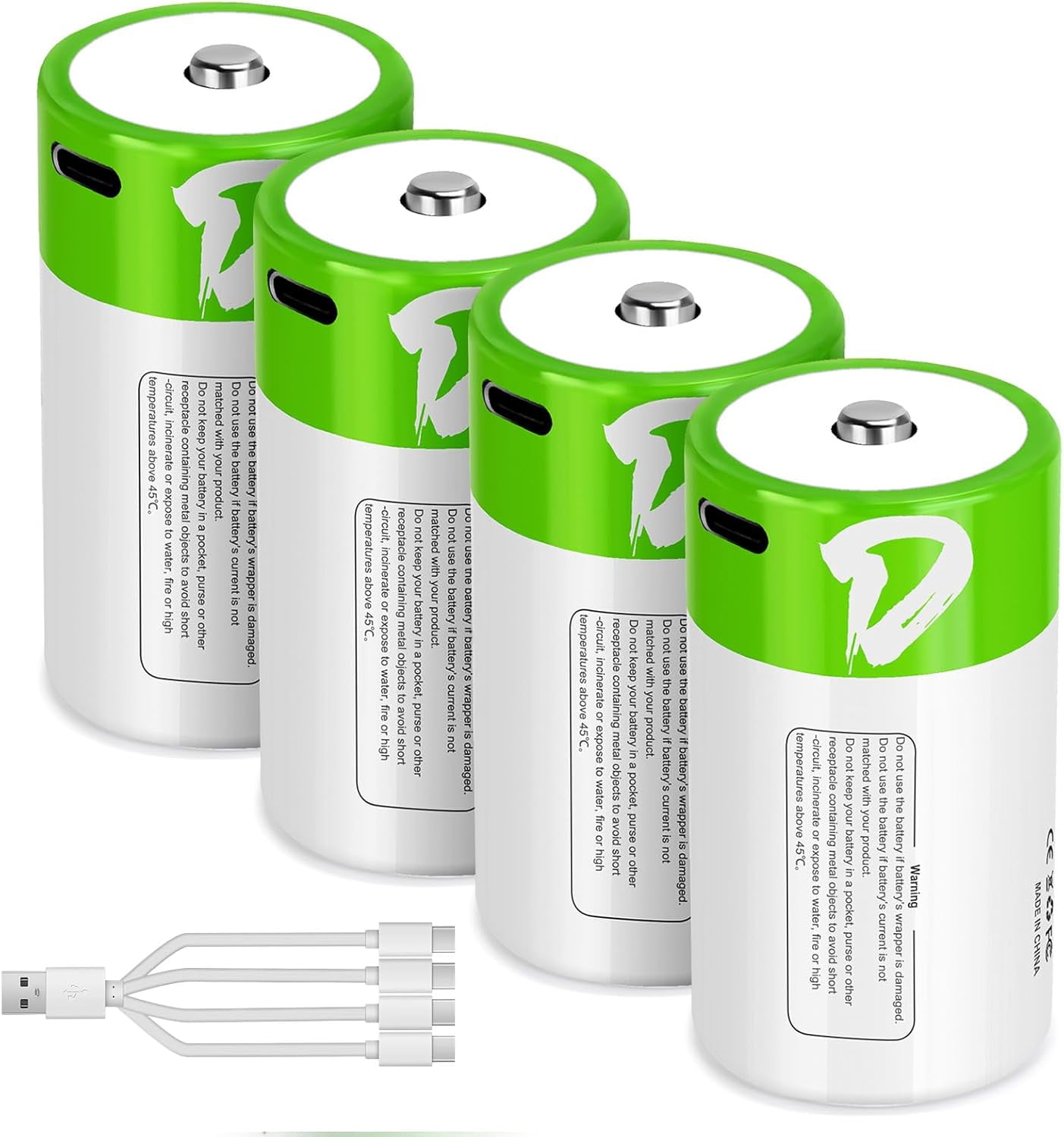 D Batteries Rechargeable 4 Pack with4 in 1 USBC Charging Cable Size Cell Lithium 7500mWh 1.5V for Flashlights, Toys, and Floodlights