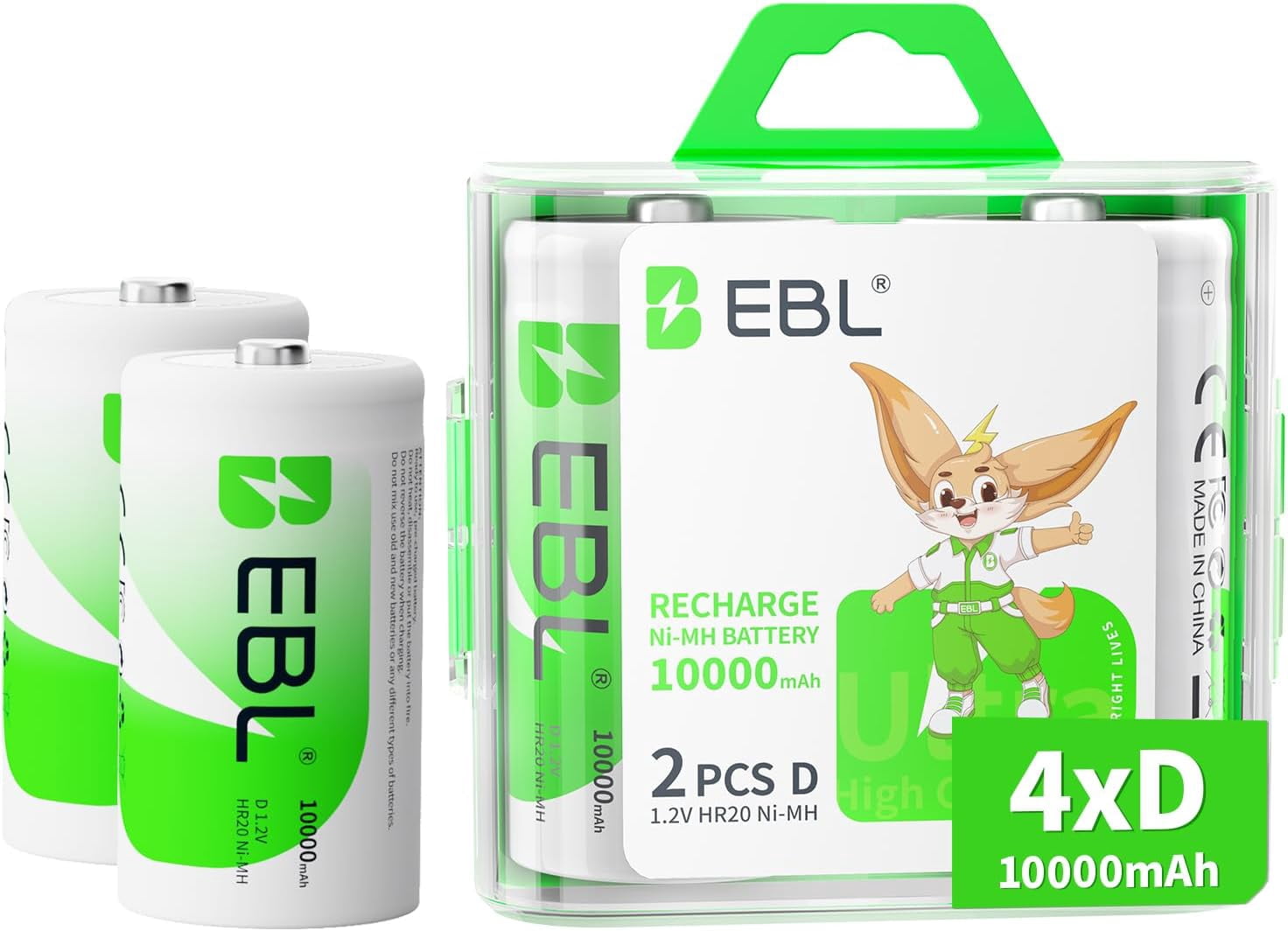 D Cell Batteries 10,000mAh Ultra Pro Ni-MH Rechargeable Batteries, 4-Pack