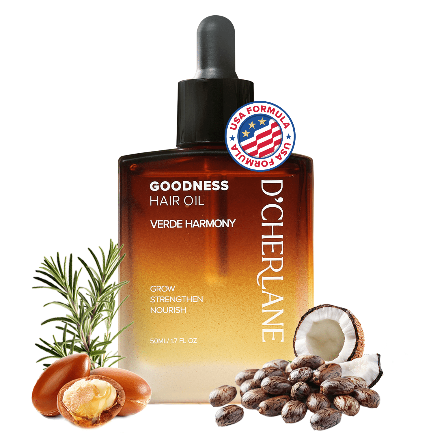 D'Cherlane Goodness Hair Oil – Hair Growth & Deep Scalp Treatment with Rosemary, Argan, Castor, & Coconut Oils For All Hair Types - Verde Harmony Edition, 1.7 fl oz