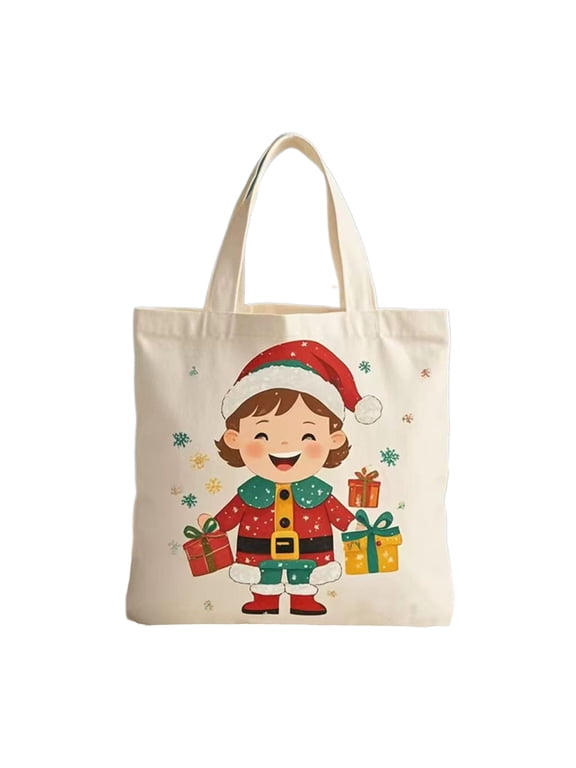 D Christmas Gift Bag With Santa Claus And Apples Design Canvas Material For Holidays