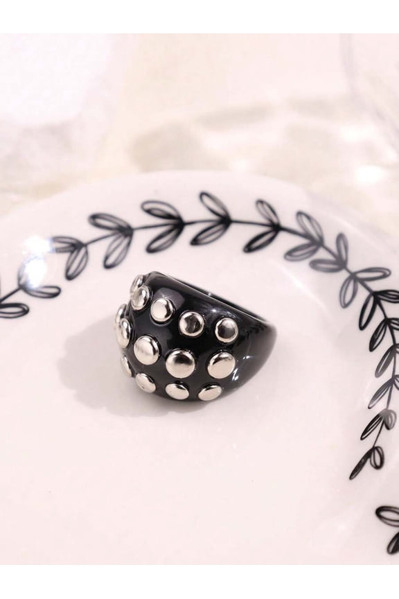 D Color Punk Rivet Resin Ring, Oversized Black Statement Ring With Silver-Tone Studs For Daily Or Party Wear