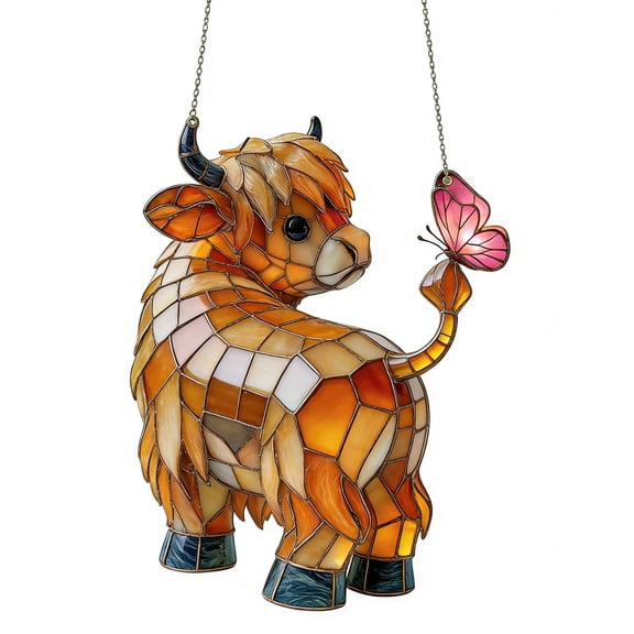 D Cow With Butterflies Stained Glass Style Acrylic Window Hanging Ornament Sun Catcher For Home Garden Decor 7.87 Inches 1Pc 0.11Lb
