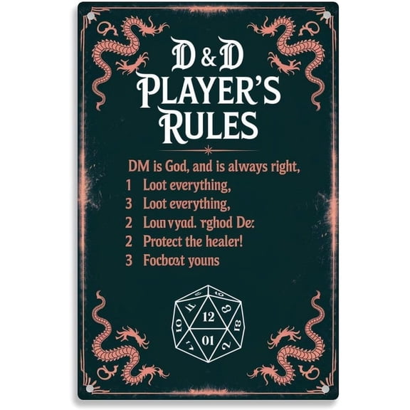 D&D Player's Rules Tin Sign Vintage Dungeons and Dragons Dice and Dragons Metal Sign Print Aesthetic Room Decoration for Home Bedroom Dorm Bathroom Wall Decor 8 x 12 Inch