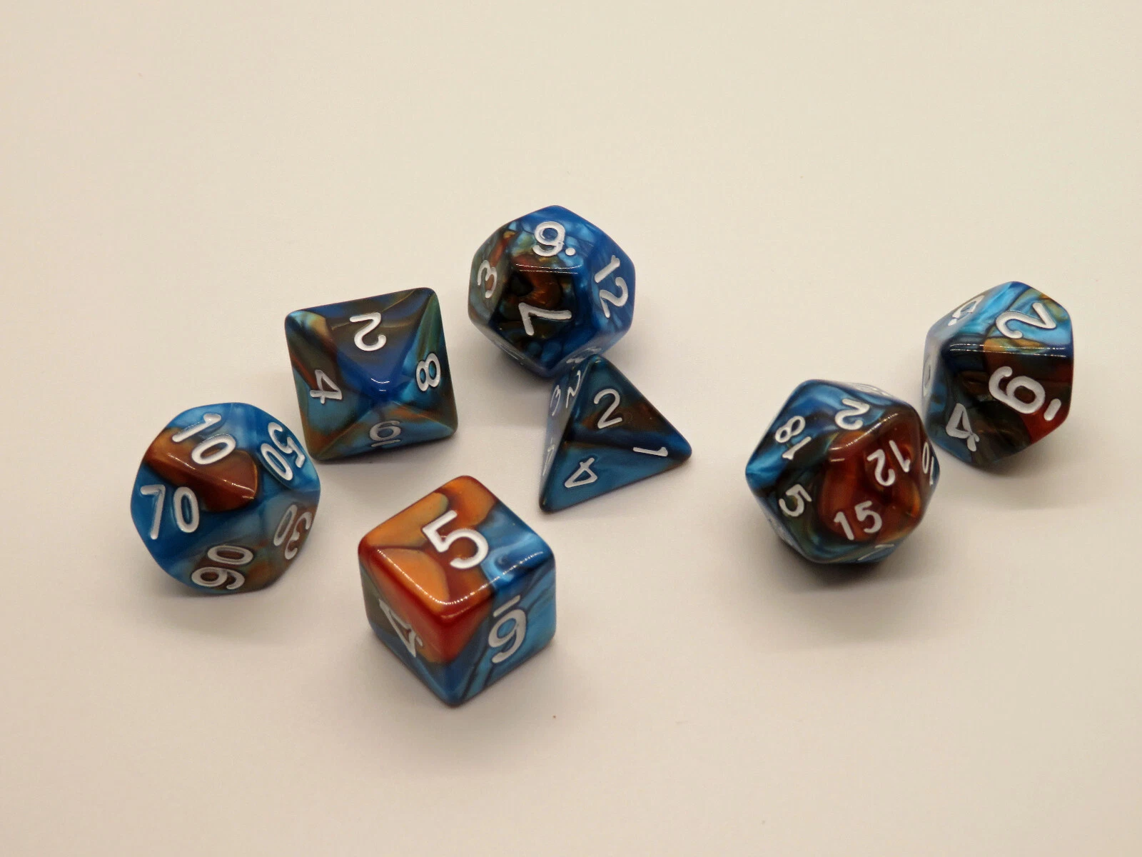 D&D Rpg 7 Piece Dice Set Swirl Blue And Orange With Dice Bag! 318