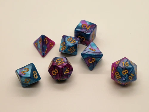 D&D Rpg 7 Piece Dice Set Swirl Purple And Blue With Dice Bag! 323