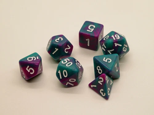 D&D Rpg 7 Piece Dice Set Swirl Purple And Green With Dice Bag! 373