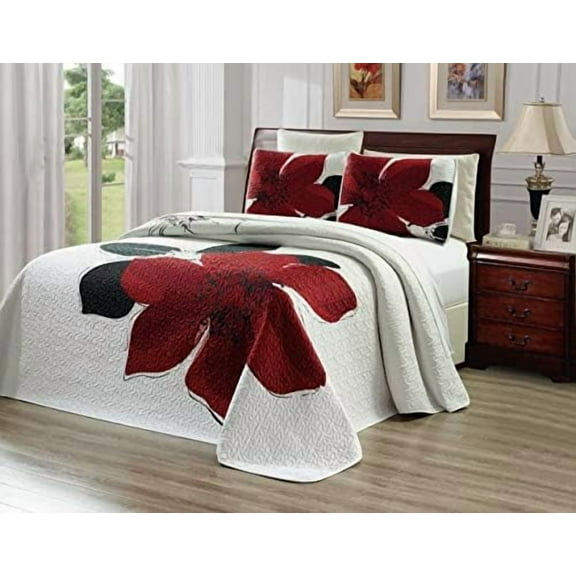 D'DECOR3-Piece Fine Printed Oversize (115inch X 95inch) Quilt Set Reversible Bedspread Coverlet King/Cal King Size Bed Cover (Burgundy Red, Black, White, Floral)