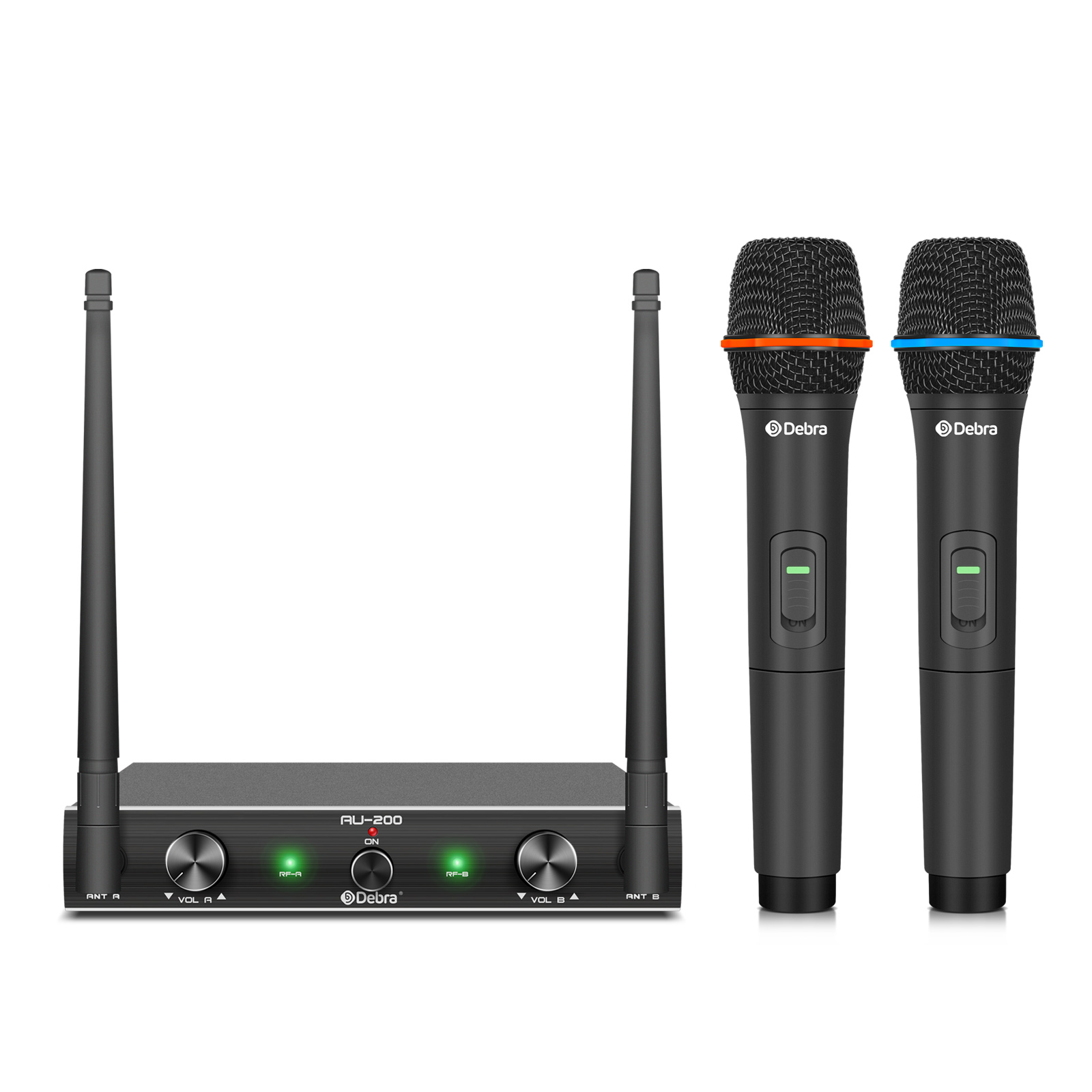 D Debra Audio AU200 Pro UHF 2 Channel Wireless Microphone System with Cordless Handheld Lavalier Headset Mics, Metal Receiver, Ideal for Karaoke Church Party (2 Handheld)
