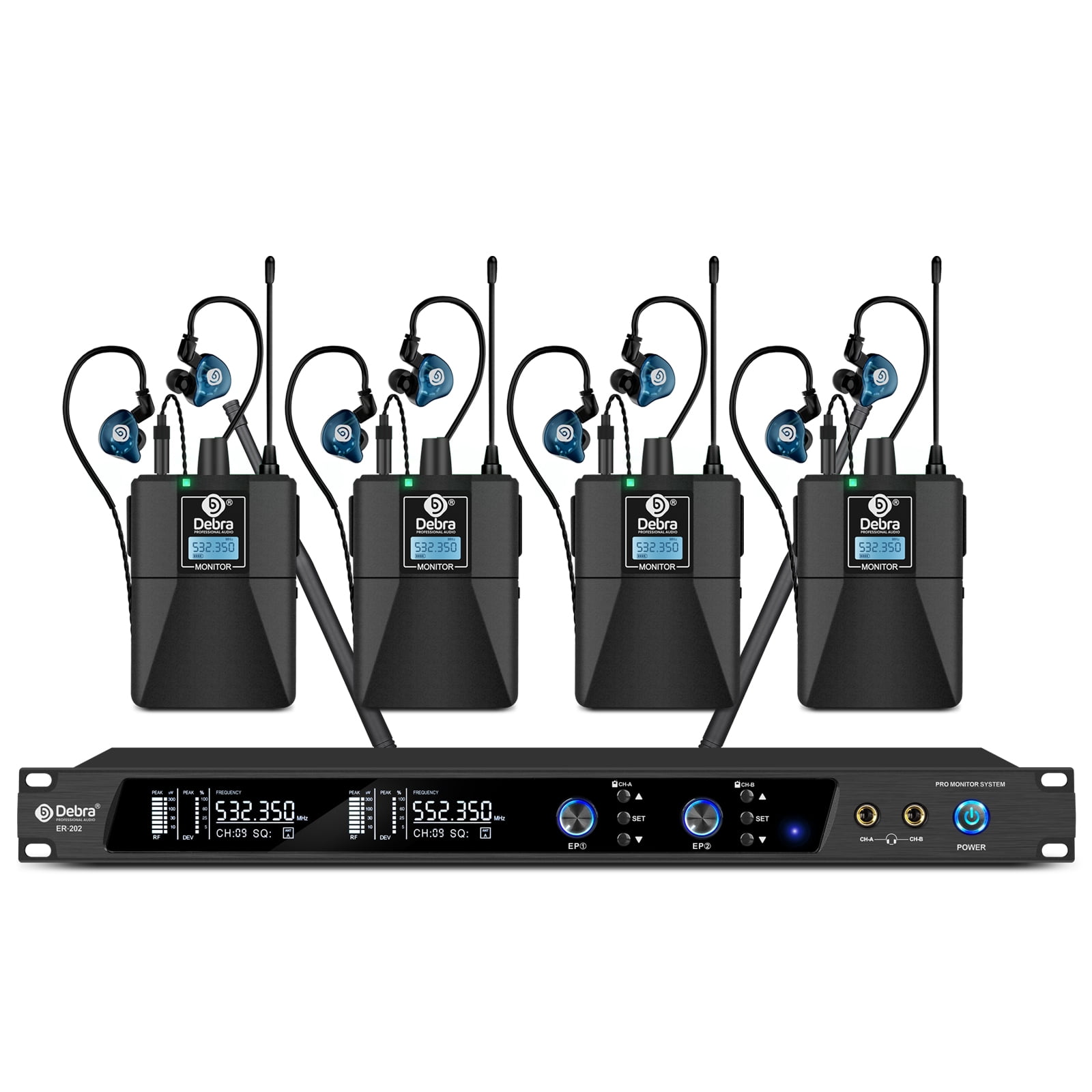 D Debra Audio PRO Mono ER-202 UHF Dual Channel Wireless in Ear Monitor System with Monitoring Type for Stage, Receiver, Studio, Guitar, Band Performance (Dual Channel, 4 Receivers with Transmitter)