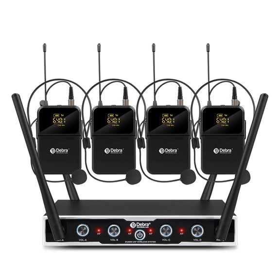 D Debra Audio Pro DU4004 UHF 4 Channel Wireless Microphone System with Lavalier Headset Mics, Ideal for Meeting Church Speech (4 Bodypack)