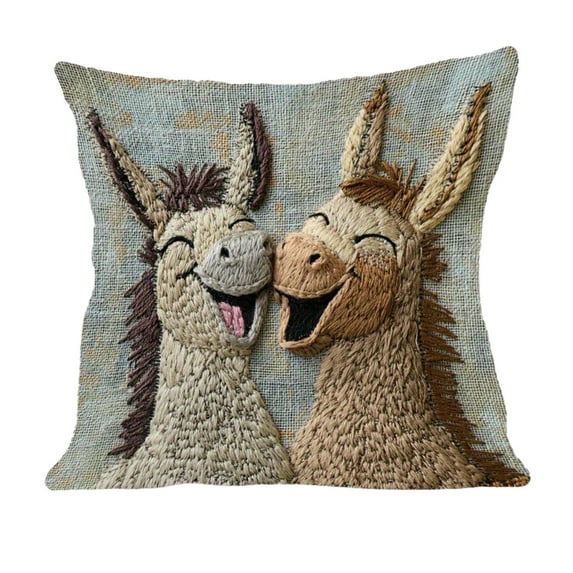 D Decorative Throw Pillow Cover Cute Two Donkeys Embroidery Design Soft Short Lint Fabric For Sofa Bedroom Living Room Home 18X18Inch