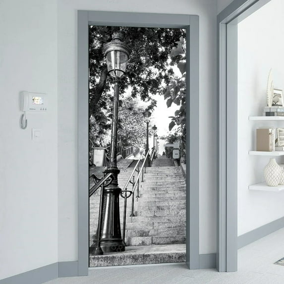D Door Stickers Gray Spiral Staircase Building Wall Art Mural Wallpaper Adhesive Whole Door Wrap Cov