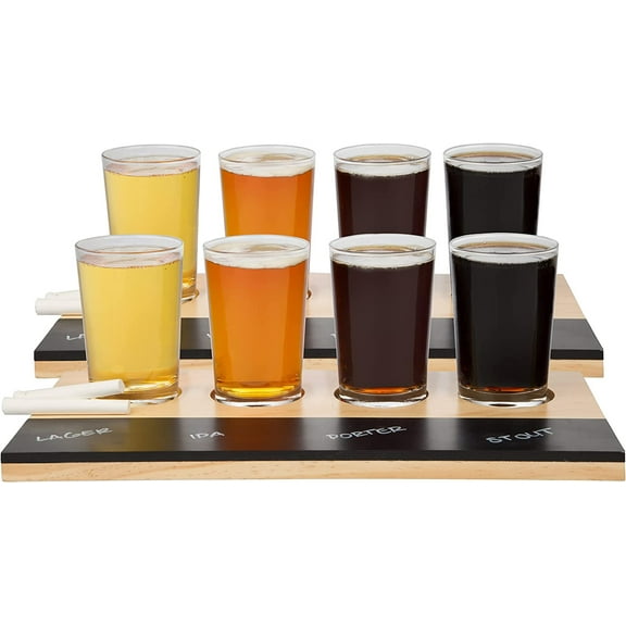 D'Eco Beer Tasting Flight Sampler Boards (2 Pack)- Set Includes Eight 6 oz Pilsner Craft Brew Glasses & 2 Wooden Paddles w Chalkboards - Great for Football Game Nights