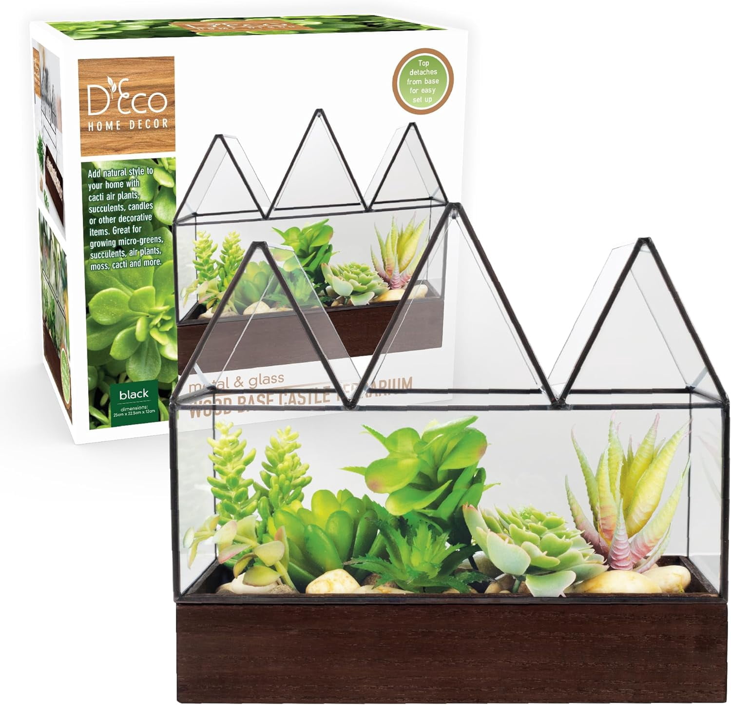 D'Eco Glass Castle Plant Terrarium (10x9x5) - Black Geometric Metal Planter w Wood Base - Grow Your Own Succulents, Plants, Moss, in an Indoor Home Garden - Great Gift for Plant Lovers