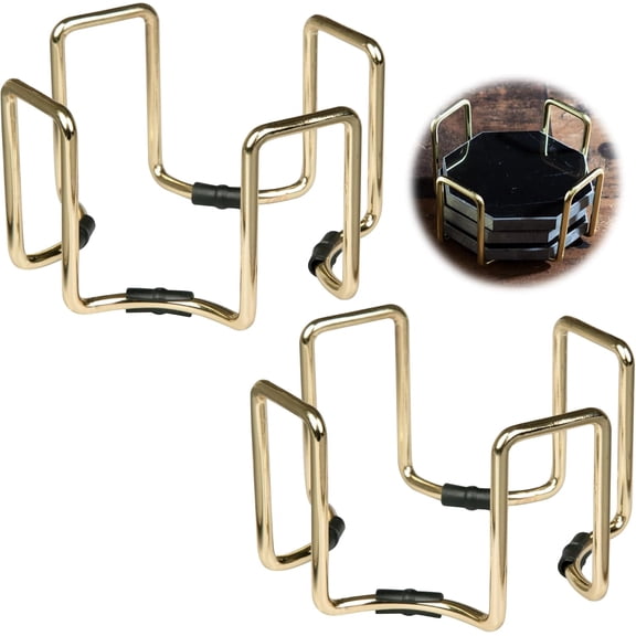 Gold Coaster Holders (2 Pack) - Iron Non-Skid & Non-Scratch Holders Protect Tabletops - Fits 5 Coasters 4" to 4.25" in Size Idea -Octagonal Design Holds Coasters of Any Shape- Great Gift Idea