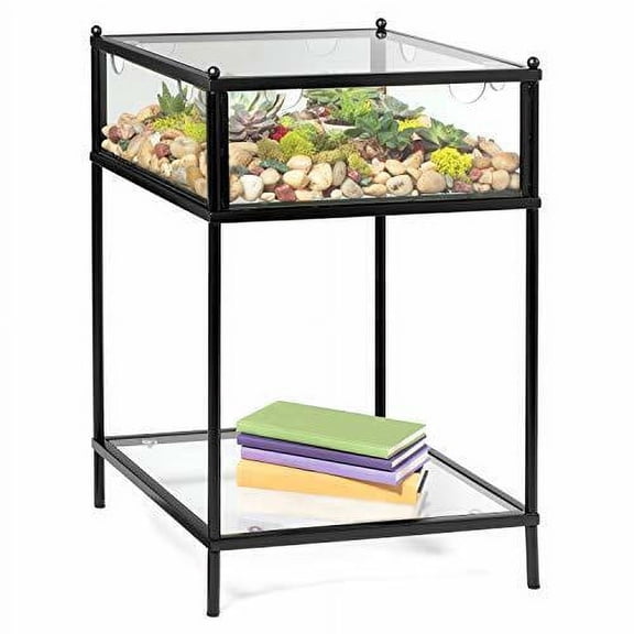 D'Eco Indoor Storage Glass Square End Table, Black