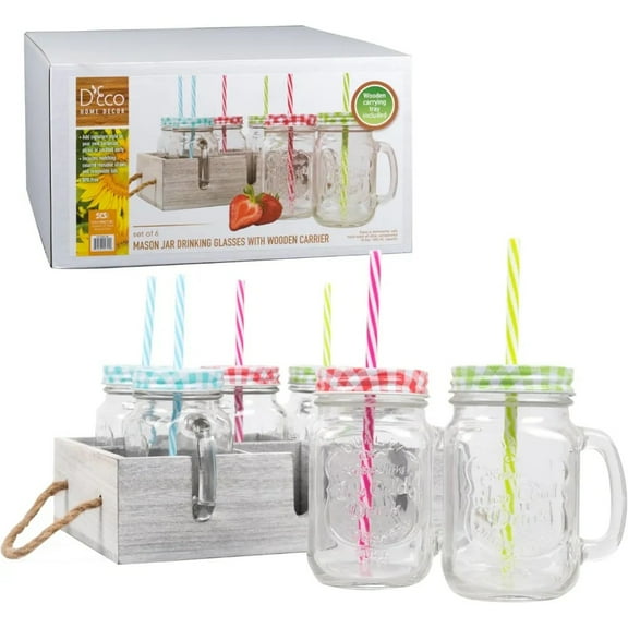 D'Eco Mason Jar Tray Set - 6 Mason Jars (16 oz ea) w/Colorful Lids & Reusable Straws & - Includes Wooden Tray for Easy Carrying, Serving, and Travel - Great for Hosting Parties & Entertaining Guests