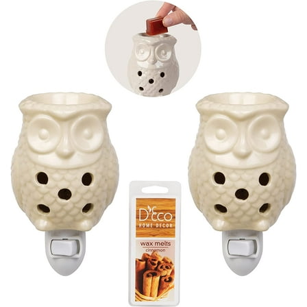 D'Eco Owl Plug-in Fragrance Wax Melt Warmers (Pack of 2) Electric Scented Tart, Oil & Candle Warmer w 4 Cinnamon Wax Cubes - Halogen Bulb Melts Wax & Fills Room w Fresh Holiday Scents