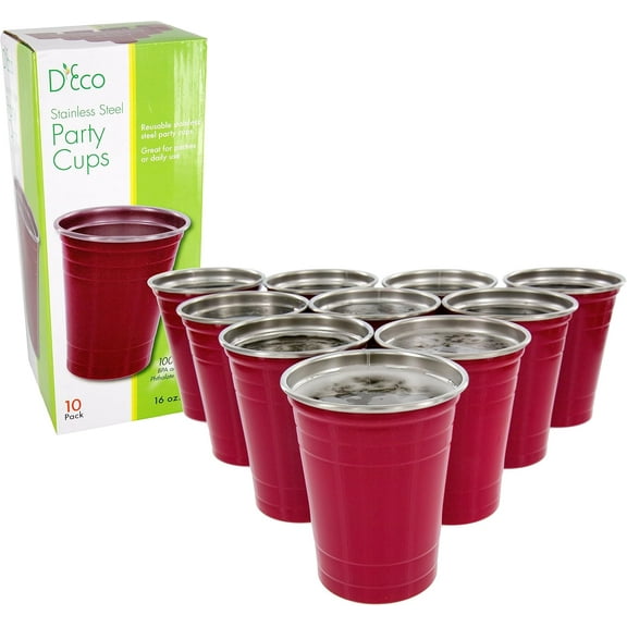 D'Eco Reusable 16 oz Red Party Cups (10 Pack)- Unbreakable Stainless Steel Dishwasher Safe Drinking Glasses -Perfect for Hosting & Entertaining- Cups for Drinking Games, College, Party Games