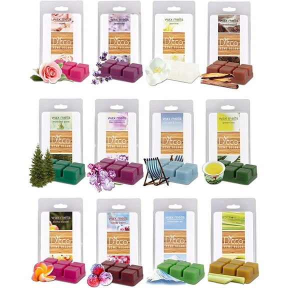 D'Eco Serene Scented Wax Melts Variety Set -12 Assorted 6pc Cube Sets for Electric Wax Warmer (2.5oz ea) - Winter Berry, Pine Tree, Rose, Lavender, Jasmine, Lilac, Linen, Green Tea, Lemon