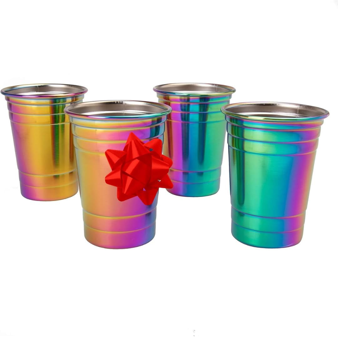 D'Eco Unbreakable Holographic Stainless Steel Party Cups (16 oz, 4 Pack) Shatterproof Reusable Drinking Glasses for Games-Indoor Outdoor Drinkware -Great for Entertaining, College, Parties, Birthdays