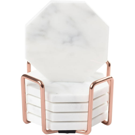 D'Eco White Carrara Marble Coasters & Rose Gold Coaster Holder (Set of 5)- Durable, Thick Coasters - Gift Idea- Protects Any Table Type & Fits Any Coffee Mug, Drinking Glass, Barware