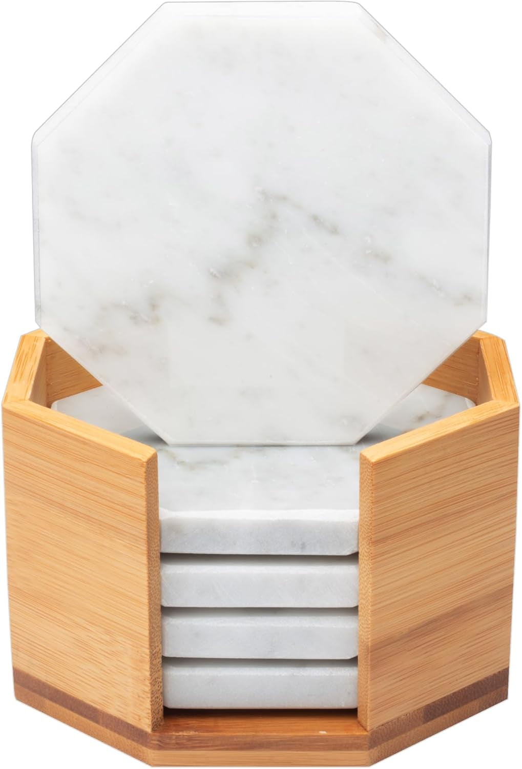 White Carrara Marble Coasters with Bamboo Holder - Set of 5