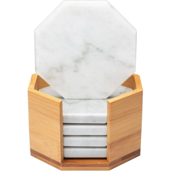White Carrara Marble Coasters (Set of 5)- Durable, Thick Coasters w Coaster Holder for Easy Storage - Protects Any Table Type & Fits Any Mug, Drinking Glass, Barware - Great Wedding Gift