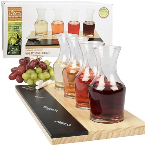D'Eco Wine Tasting Flight Sampler Board - Set Includes Four 6 oz Decanter Glasses and Wood Paddle with Chalkboard for Labeling - Great for Winery Taste Testing