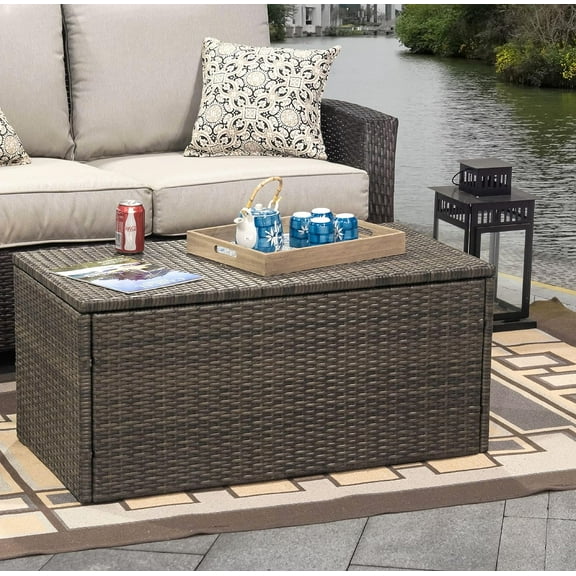 D&F Design Jackson Indoor & Outdoor PE Wicker Coffee Table with Storage, Patio Resin Rattan for Furniture Covers, Pillow, Toys and Gardening Tools Grey (Brownish Grey)