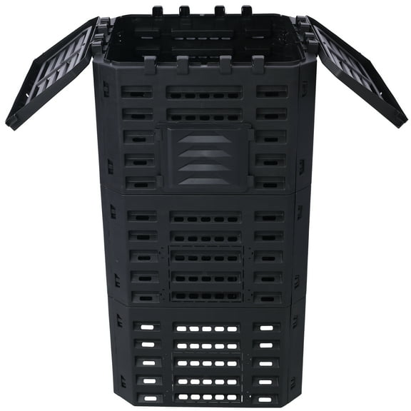 D.F. Omer 132 Gal Large Garden Composter Bin: Recycled Plastic Outdoor Compost Box for Fertile Soil, Easy Assembly, Aerated, Pest-Resistant, Black