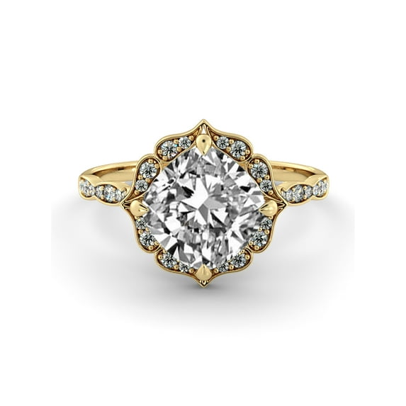 D-F VS 6.00MM Moissanite Engagement Ring With Diamonds (0.96 ct Moissanite Weight, 1.35 ctw dew) Cushion Cut 14K Gold