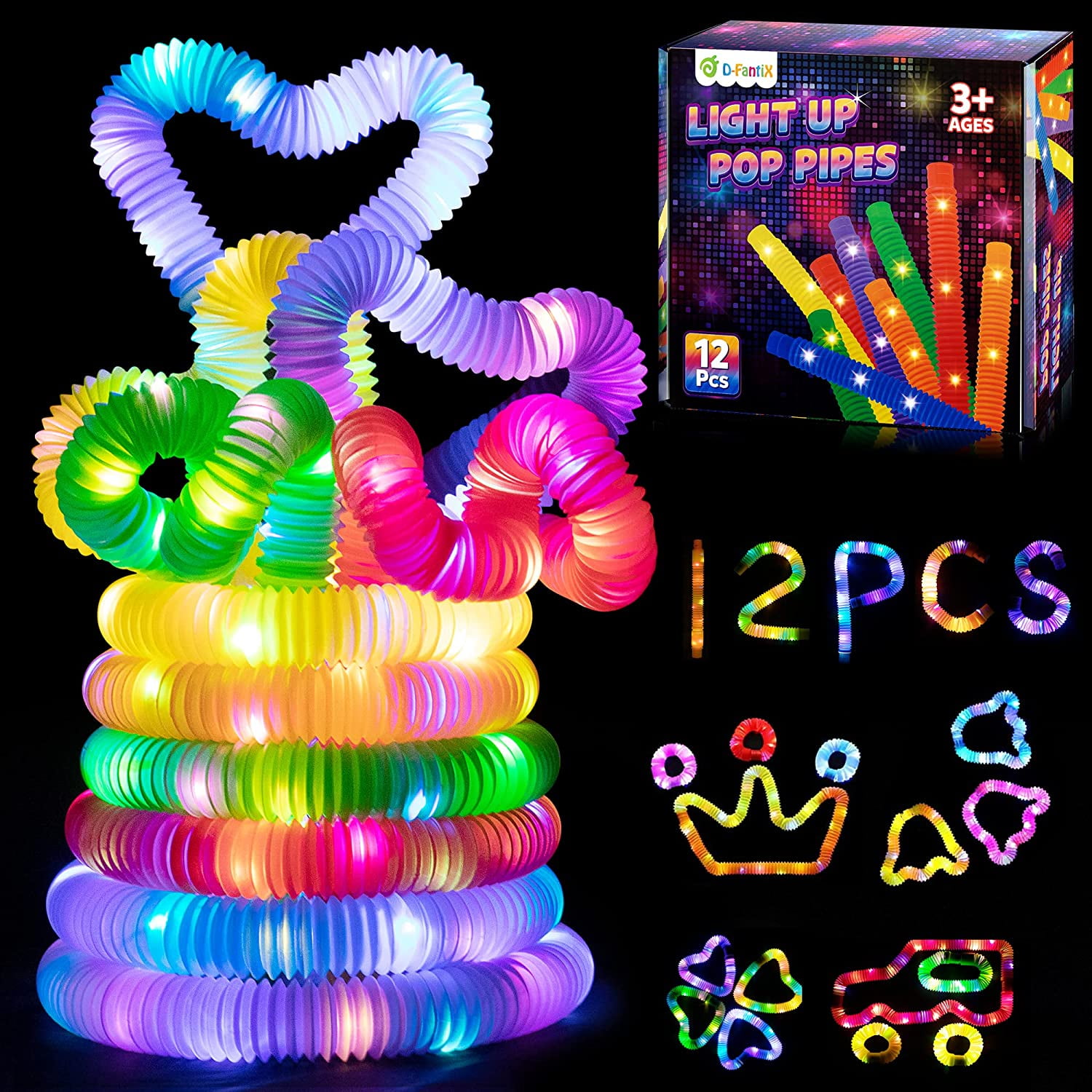 12 Tubes Pop Lumineux Extensibles - Jouets Sensoriels LED, Anti-stress, Pour Fête, Anniversaire, Noël, Enfants Et Adultes