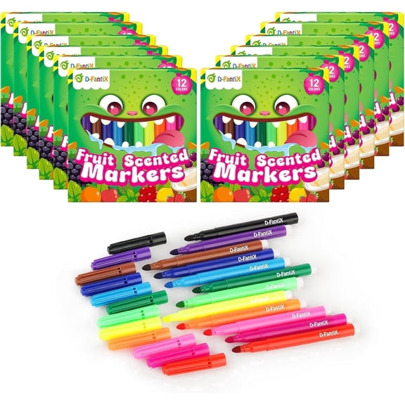 D-FantiX 24 Packs Fruit Scented Washable Markers Bulk,288 Count Coloring Markers for Party Favors, Art Supplies Birthday Gifts Must Haves and Reward