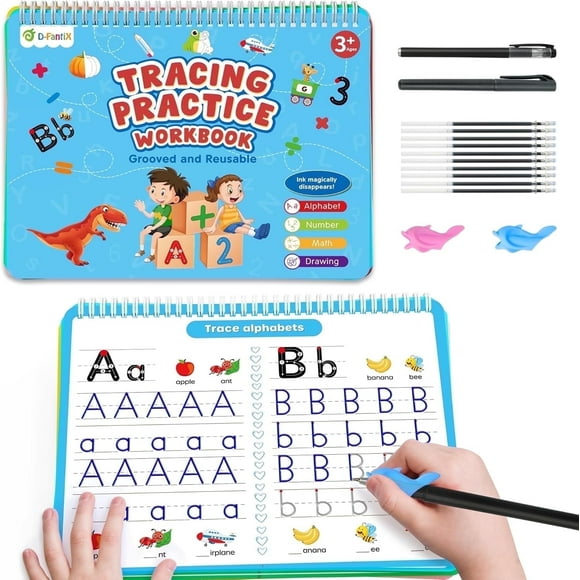 D-FantiX 4-in-1 Large Magic Groove Copybook, Reusable Handwriting Workbook with Grooved Tracing for Numbers & Alphabet, Handwriting Practice Book