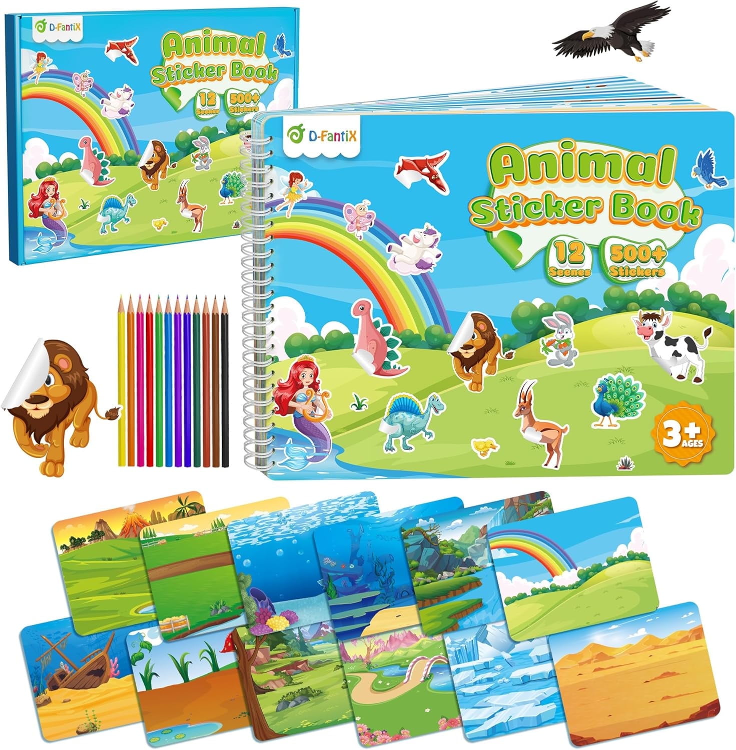 D-FantiX Animal Sticker Book for Kids, Featuring Dinosaur, Unicorn, Mermaid & Farm Animal Characters, 12 Unique Scenes and 500+ Stickers, Arts & Crafts Gift for Ages 3-8