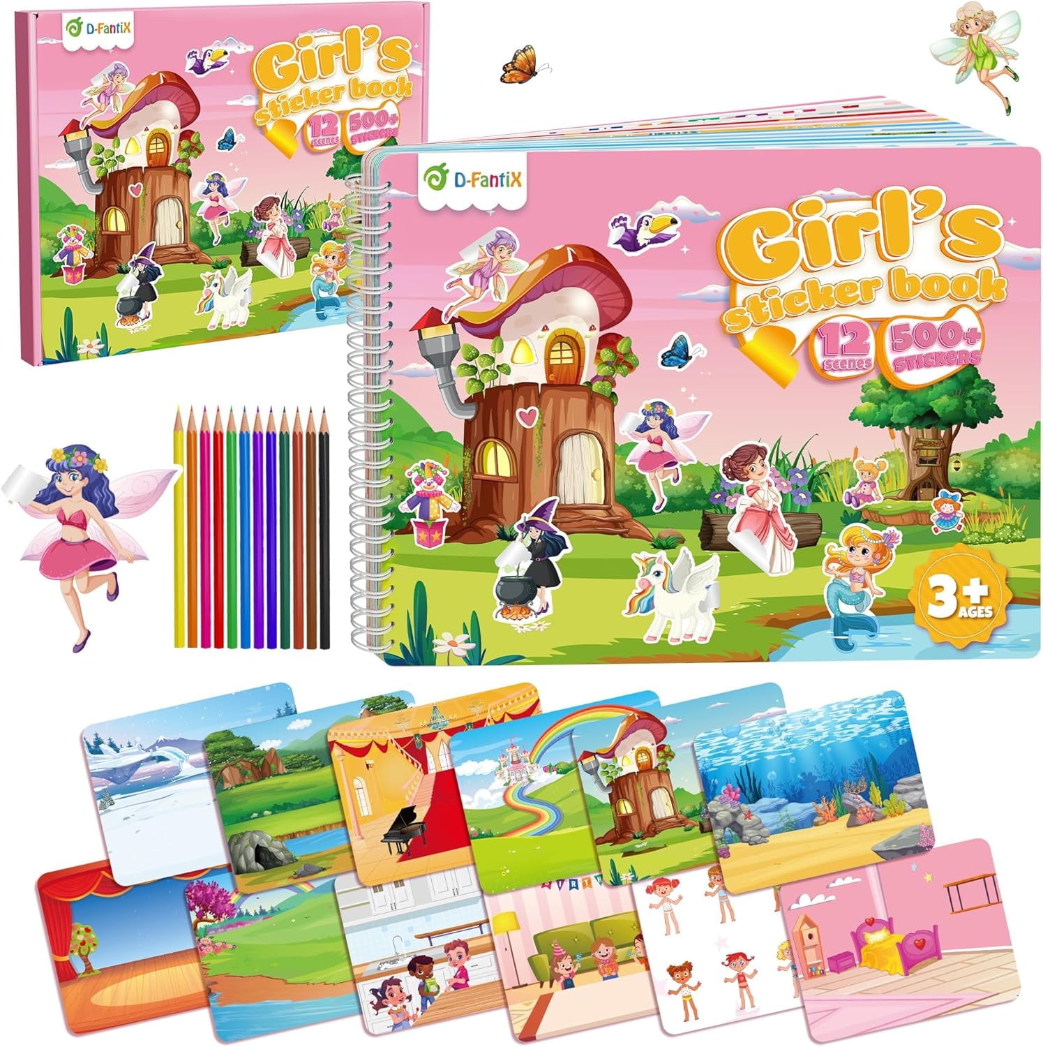 D-FantiX Girl's Sticker Book for Kids, Featuring Unicorn, Mermaid, Fairy & Animal Characters, 12 Unique Scenes and 500+ Stickers, Arts & Crafts Gift for Girls Ages 3-8